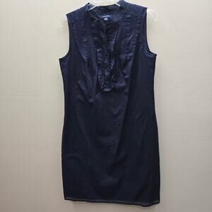 Lands' End Cotton Preppy Sleeveless Coastal Ruffle Pintuck Dress Navy Blue SZ 4